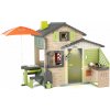 Domček Priateľov s posedením v prírodných farbách Friends House Evo Playhouse Life Smoby pod slnečníkom s hrami rozšíriteľný