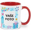 FOTOpošta hrnček s fotkou farebný rámik NARODENINY 2 ČERVENÝ 350 ml