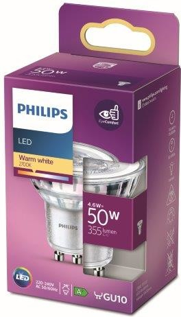 Philips 8718699774134 LED žiarovka 1x4,6W GU10 355lm 2700K teplá biela, bodová, Eyecomfort