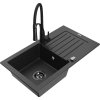 Mexen Pablo, 1-komorový granitový drez 752x436x161 mm a drezová batéria Aster, čierna-strieborná metalíza, 6510-73-73450-70-B