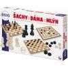 Šach, dáma, mlyn drevené figúrky a kamene spoločenská hra v krabici 35x23x4cm