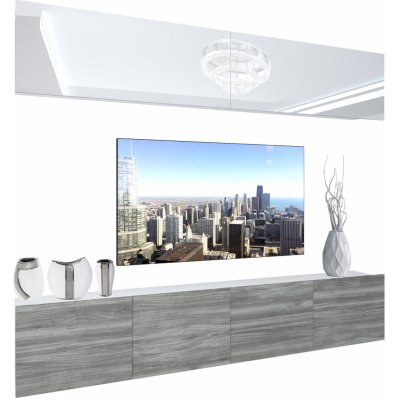 Obývacia stena Belini Premium Full Version biely lesk šedý antracit Glamour Wood LED osvetlenie Nexum 87