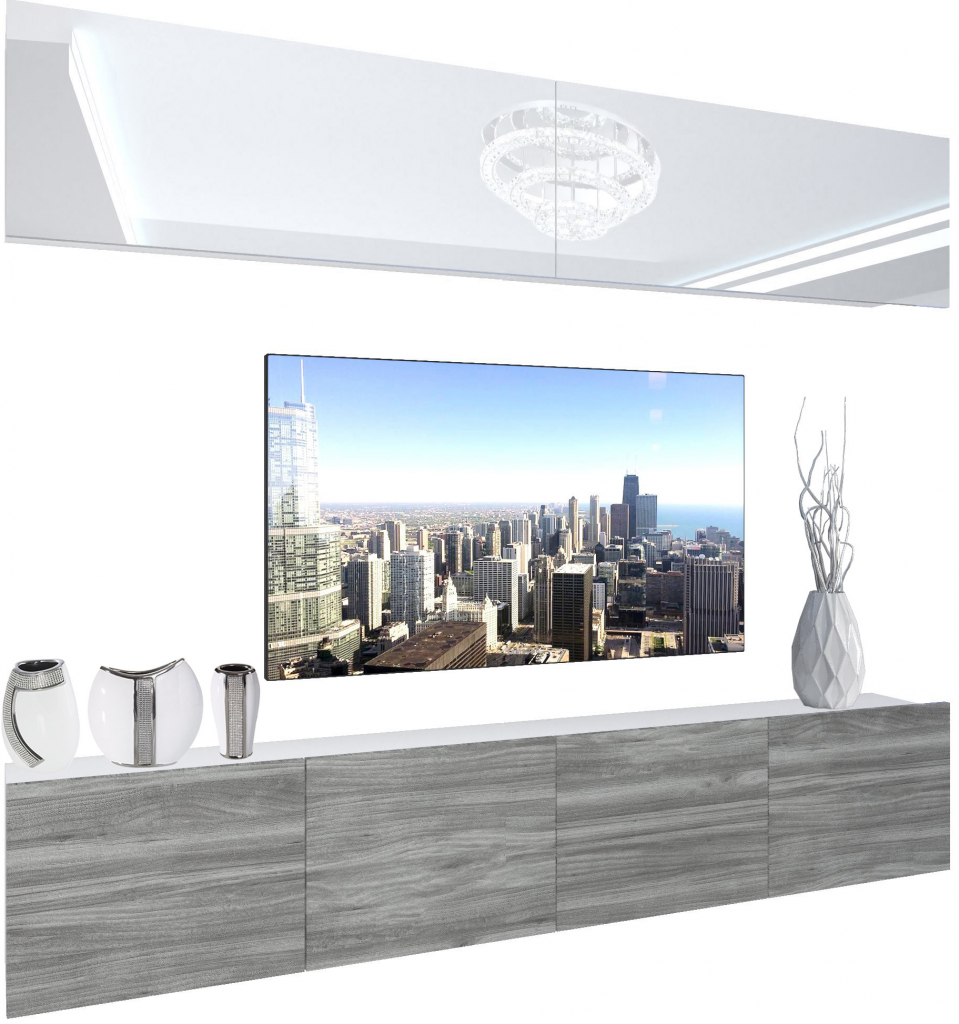 Obývacia stena Belini Premium Full Version biely lesk šedý antracit Glamour Wood LED osvetlenie Nexum 87