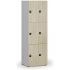 Drevená šatníková skrinka S4 s úložnými boxmi, 6 boxov, demont, RFID zámok, sivá/dub prírodný