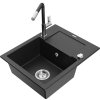 Mexen Enzo, 1-komorový granitový drez 576x465x174 mm a drezová batéria Flora, čierna-strieborná metalíza, 6506-73-670401-07