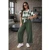 Fashionweek dámsky viskózový komplet krátka košeľa so zaväzovaním a široké nohavice k5634 khaki