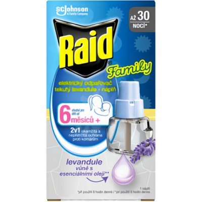 Raid Family elektrický odparovač tekutý proti komárom náhradná náplň 30 nocí 21 ml