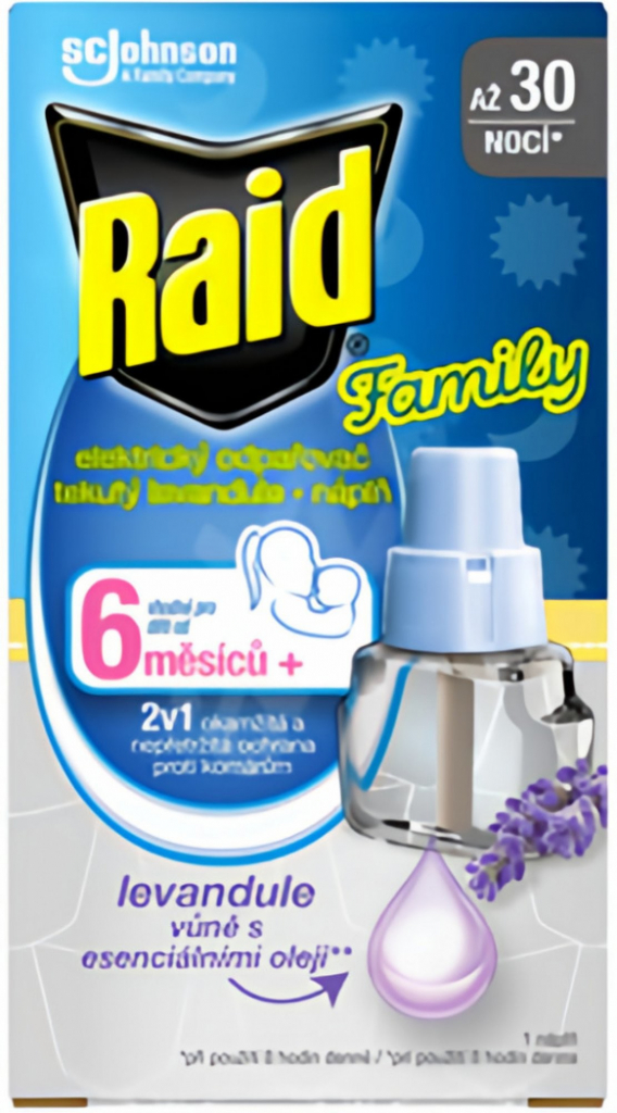 Raid Family elektrický odparovač tekutý proti komárom náhradná náplň 30 nocí 21 ml