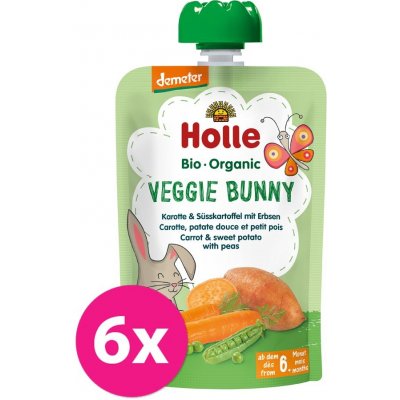 6x HOLLE Veggie Bunny Bio pyré mrkva, sladké zemiaky a hrášok, 100 g (6 m+)