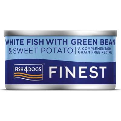 FISH4DOGS Konzerva pre psov Finest s bielou rybou, sladkými zemiakmi a zelenými fazuľkami 85g