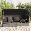 vidaXL Vonkajšie lehátko so strieškou a vankúšmi sivé polyratan