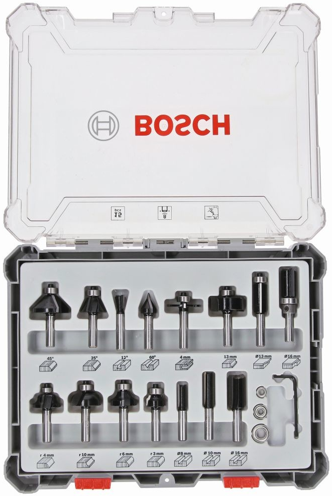 BOSCH 2607017472 / Zmiešaná sada tvarových fréz s vretenom 8 mm / 15 ks (2607017472)