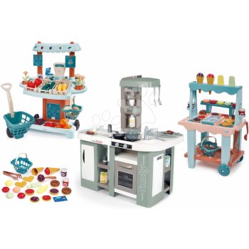 Smoby Set kuchynka elektronická s bublaním Tefal Studio Kitchen XL Bubble 360° a zeleninový Bio stánok a stánok so zmrzlinou a vafľami