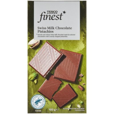 Tesco Finest Mliečna čokoláda s nasekanými pistáciovými orieškami 100 g od  1,59 € - Heureka.sk