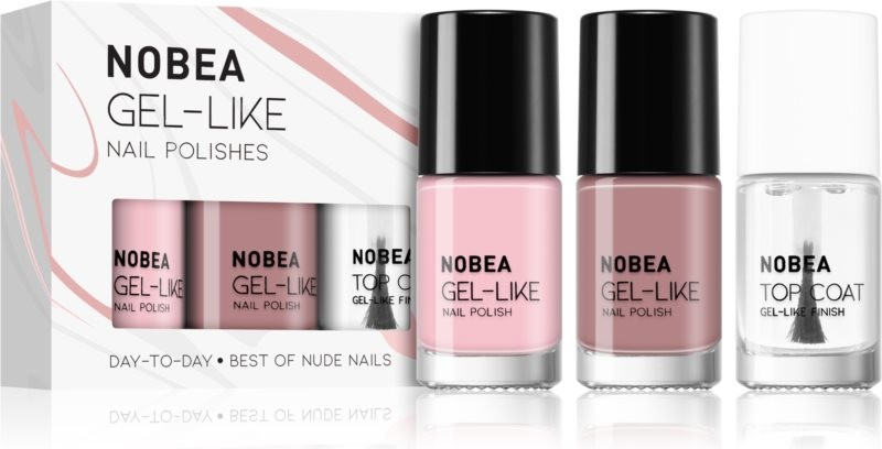 NOBEA Day-to-Day Top coat vrchný ochranný lak na nechty s leskom 6 ml + Base Shade #N01 lak na nechty 6 ml + Light Mauve #N21 lak na nechty 6 ml