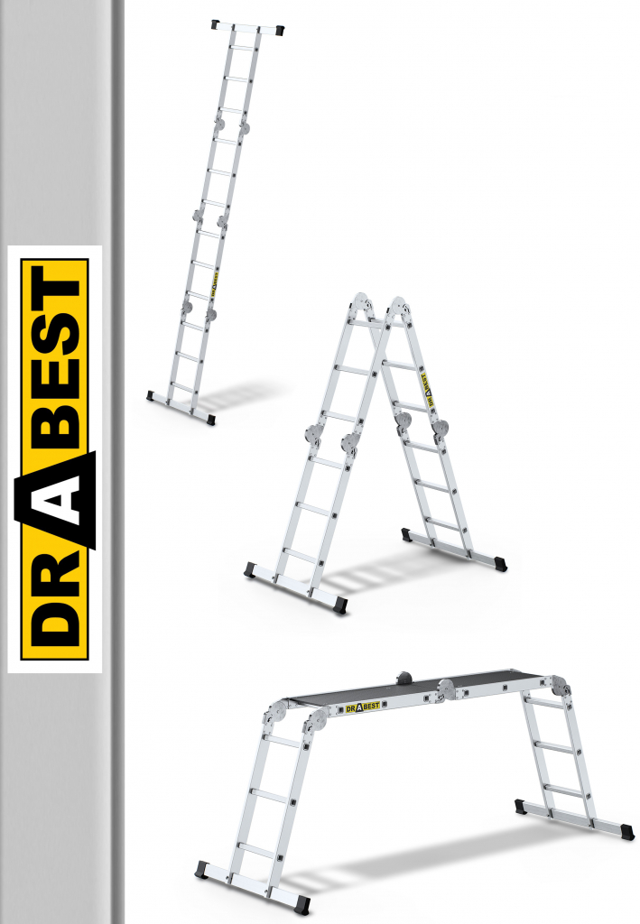 DRABEST rebrík Séria PRO Hliníkový rebrík Kĺbový rebrík 4x3 s plošinou Viacúčelový rebrík Pracovné lešenie Sklopný rebrík do nosnosti 150 kg