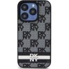 DKNY DKHCP15LPCPTSSK iPhone 15 Pre 6.1 čierno/čierne pevné puzdro Kožený kockovaný mono vzor a tlačené pruhy