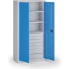 Policová dielenská skriňa 2-dverová, 3 police + 7 zásuviek, 1950 × 950 × 500 mm, modré dvere