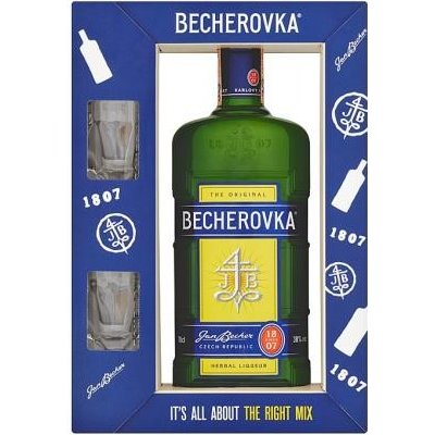 Becherovka 0,7l 38% kazeta + 2 poháre v kartóne (darčekové balenie 2 poháriky)