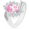 Šperky eshop - Prsteň striebornej farby, zvlnené línie ramien, ružový brúsený ovál, číre zirkóniky G14.13 - Veľkosť: 49 mm