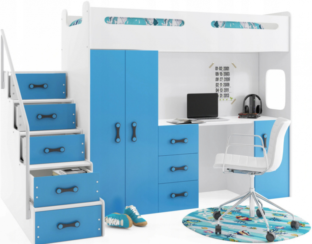 Interbeds MAX 4 poschodová komplet + matrac + písací stôl + šatník modro biela