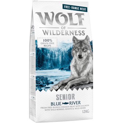 Výhodné balenie 2 x 12 kg Wolf of Wilderness NEU: Senior "Blue River" - kuracie z voľného chovu a losos