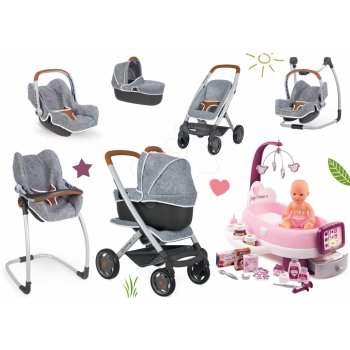 Smoby Set hlboký a športový DeLuxe Pastel Maxi Cosi&Quinny Grey 3v1 a stolička autosedačka a hojdačka s opatrovaním SM253104-21