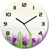 Sklenené hodiny okrúhle Fialové tulipány fi 30 cm