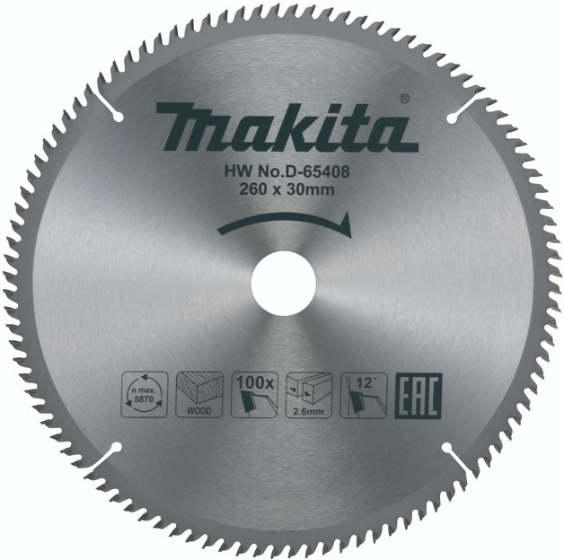 MAKITA D-65408 Efficut Kotúč pílový D 260 x 30 mm na drevo TCT 100 zubov 2.6 mm