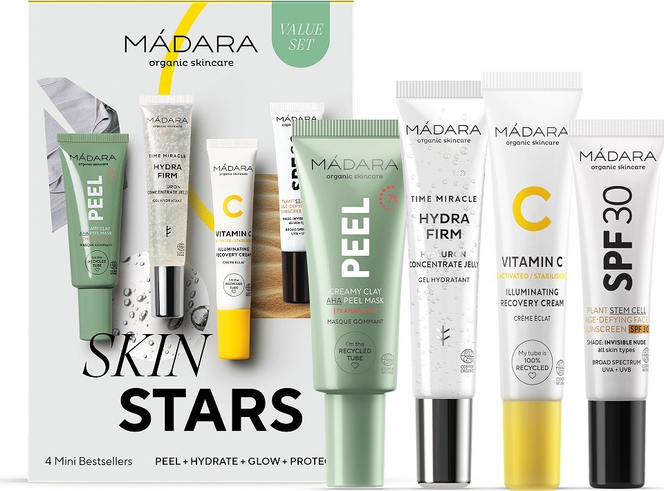 Mádara Skin Stars exfoliačná maska s AHA 17 ml + hydratačný gel s kyselinou hyalurónovou 15 ml + rozjasňujúci krém s regeneračným účinkom 15 ml + ochranný tónovaný fluid na tvár SPF