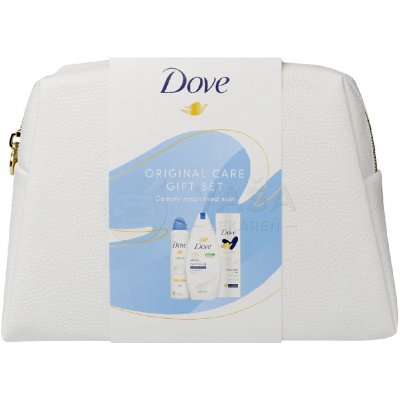 Dove Original Dámska darčeková sada v kozmetickej taške 250 ml sprchový gél + 250 ml telové mlieko + 150 ml sprejový deodorant