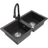 Mexen Mario, 2-komorový granitový drez 820x436x161 mm a drezová batéria Elia, čierna škvrnitá, 6504-76-670101-70