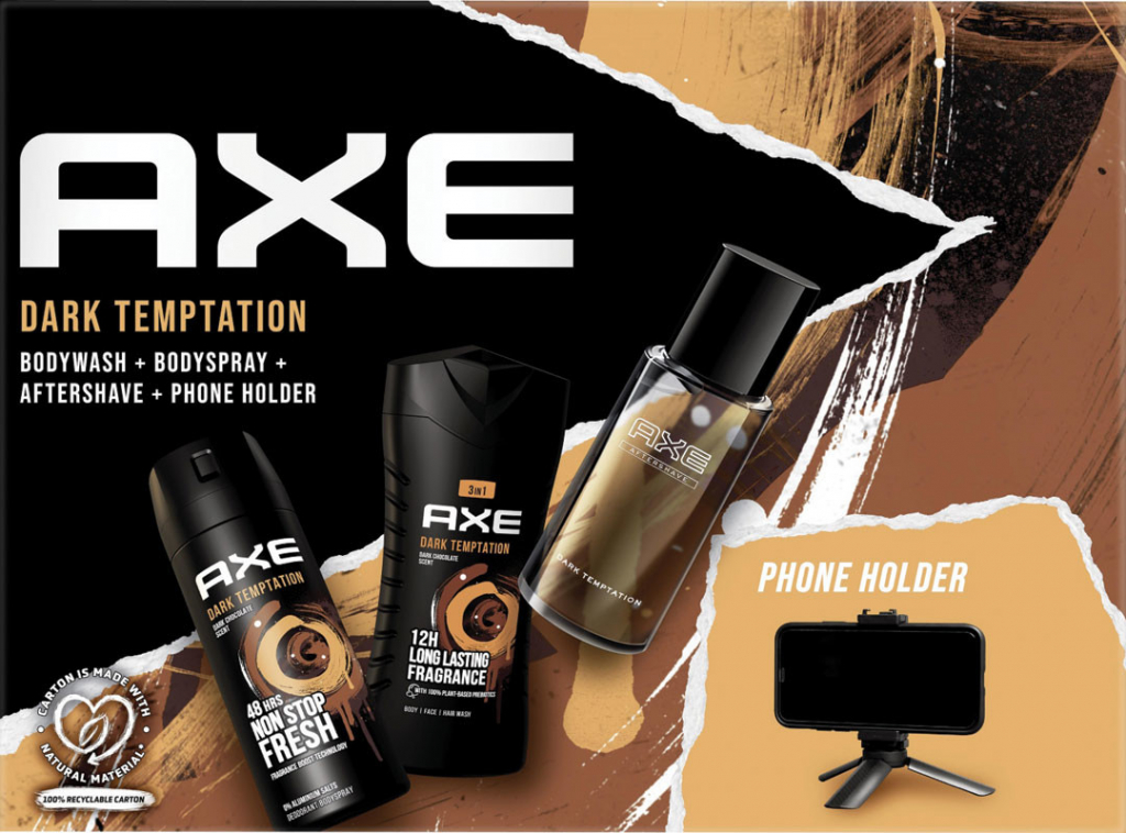 AXE Dark Temptation dezodorant sprej 150 ml + sprchový gél 250 ml + voda po holení 100 ml Darčekové balenie s držiakom na telefón