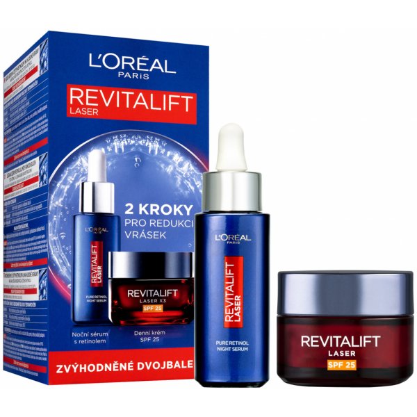 Kozmetická sada L'Oréal Paris Revitalift Laser nočné sérum s 0.2% čistého retinolu, 30 ml + Revitalift Laser X3 denný krém SPF 25, 50 ml