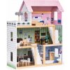 EcoToys Drevený domček pre bábiky, 3-poschodový + terasa, so sadou 15 kusov nábytku