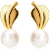Šperky eshop - Náušnice zo žltého 14K zlata - list so stopkou, biela perla S2GG225.10