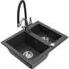 Mexen Carlos, 1,5-komorový granitový drez 582x475x177 mm a drezová batéria Duo, čierna škvrnitá, 6518-76-671701-07