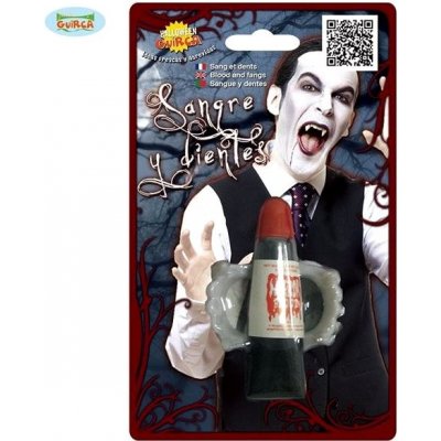Upírie zuby s umelou krvou 15 ml Upír Vampír Drakula Halloween