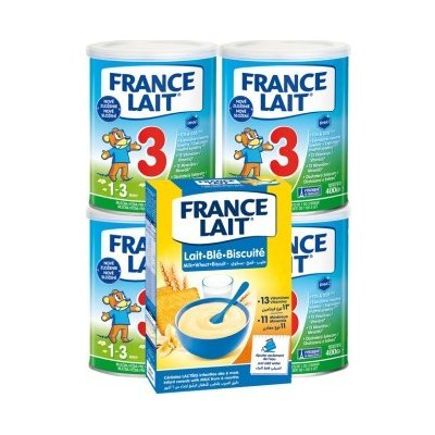 France Lait 3 mliečna výživa na podporu rastu pre malé deti od 1 roka 4x400g + Pšeničná mliečna kaša sušienky 250g