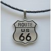 Náhrdelník z pletenej kože s príveskom Route 66, staré striebro