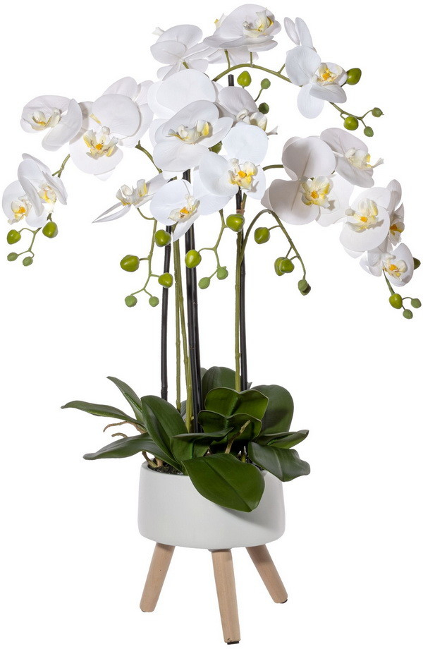 Umelá kvetina Orchidea biela v kvetináči na nožičkách, 75cm
