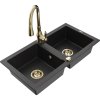 Mexen Mario, 2-komorový granitový drez 820x436x161 mm a drezová batéria Savita, čierna-strieborná metalíza, 6504-73-672601-50