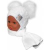 BABY NELLYS Zimná čiapočka s šálom - chlupáčkové bambuľky - biela, biele bambuľky