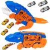 KAMIÓN DINOZAUR VYSTREĽOVAČ AUTÍČOK TRANSPORTER ŠMÝKAČKA + 6 x AUTÍČKA