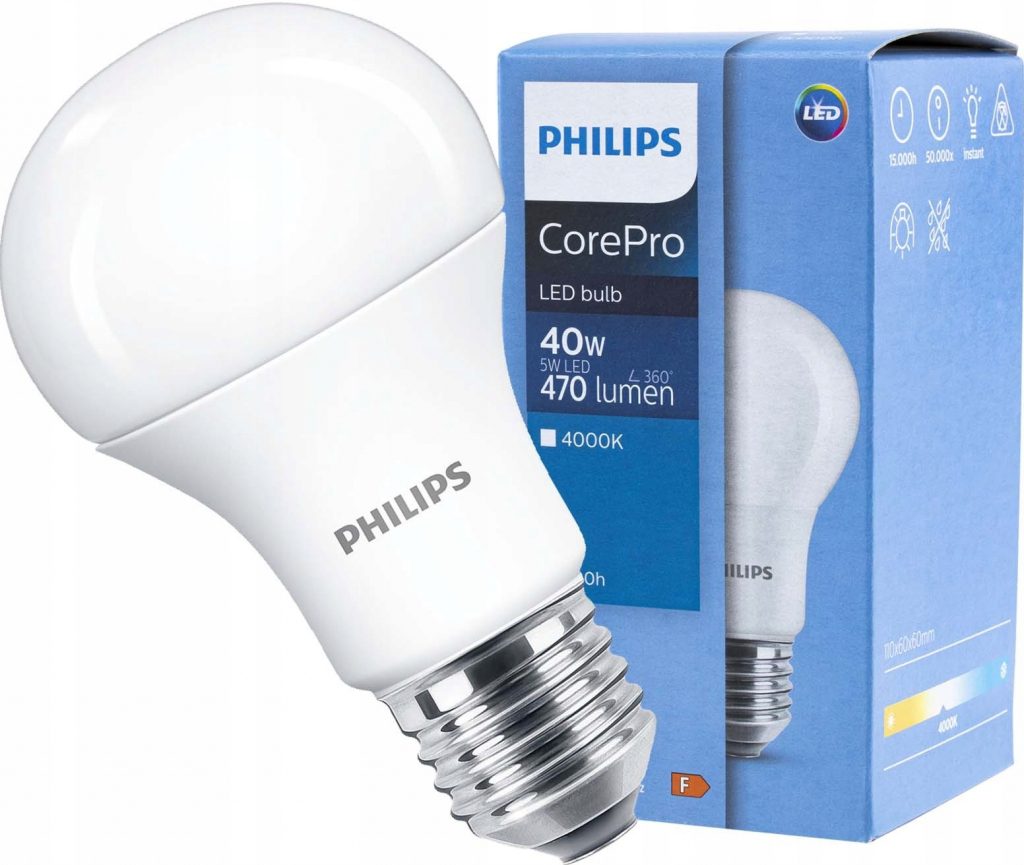 Philips LED žiarovka E27 A60 5W 40W 470lm 4000K Neutrálna 200°