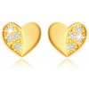 Šperky eshop - Puzetové náušnice z 9K zlata - symetrické srdiečko s lesklou a zirkónovou polovicou S2GG226.14