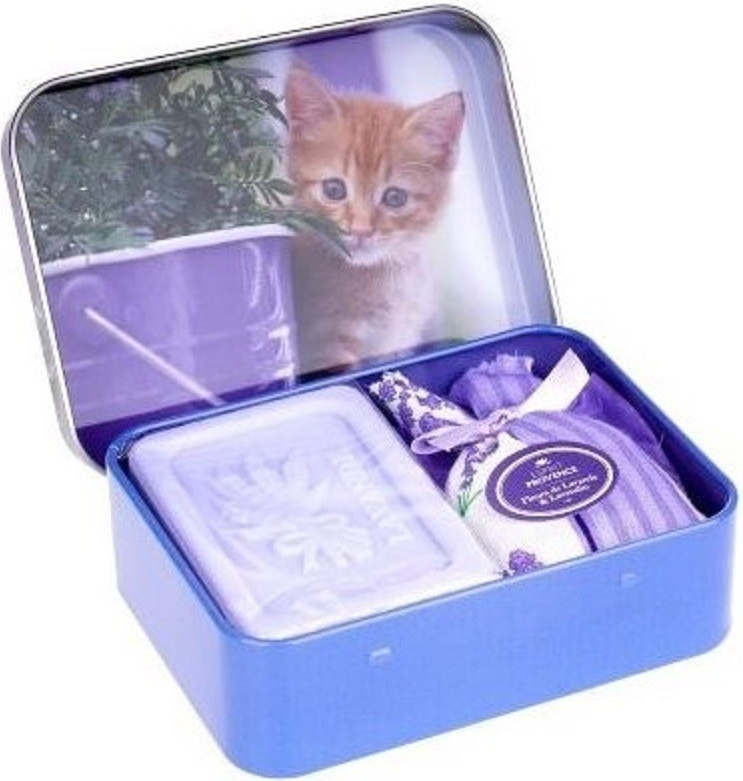 Esprit Provence Levanduľa toaletné mydlo 60 g + levanduľový vonný vrecúško + plechová krabička s obrázkom slnečnice darčeková sada