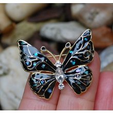 Brošňa motýlik zlatá čierna strieborná dúhová perleť