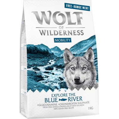 Wolf of Wilderness mokré a suché krmivo s mäsom z voľného chovu - "Explore The Blue River" Mobility - kuracie a losos (1 kg)