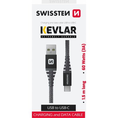 Swissten71541010 dátový USB-C, 60W / 3A / 1x USB-C(M) / 1x USB-A(M), 1,5m, šedý